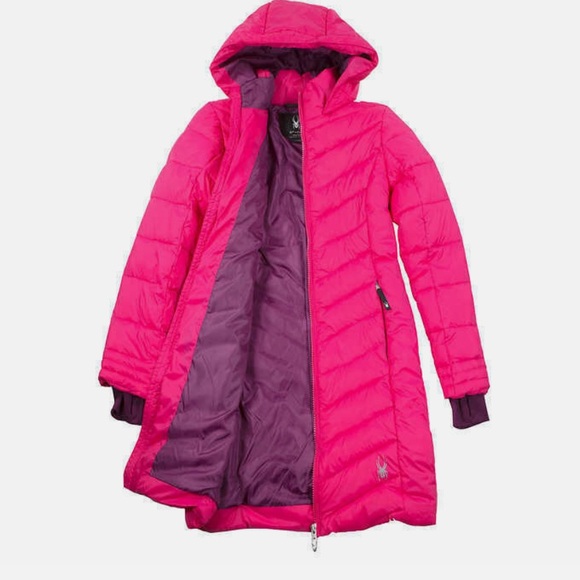 Spyder Hot Pink Purple Lined Girls Puffer Long Synthetic Down Jacket Lg 14/16 - Picture 13 of 15